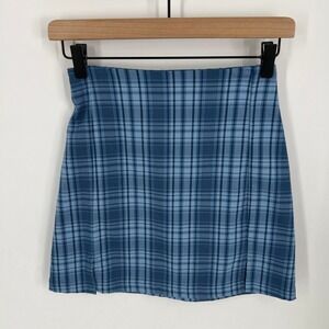John Galt Plaid Mini Skirt One Size Blue White Slit Y2K 90s Aesthetic MH022